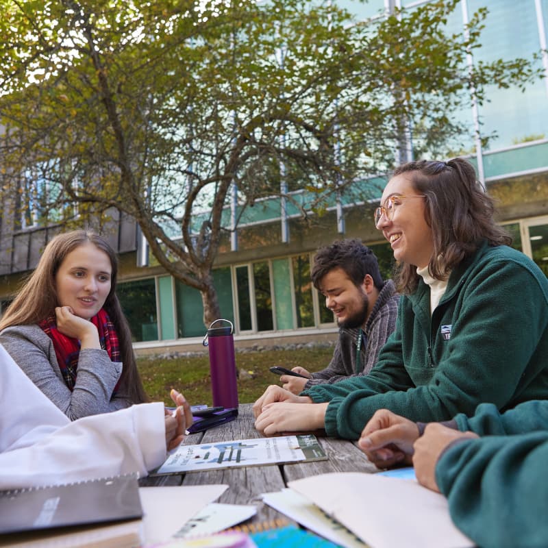 photo of an advisor helping a student outside on a picnic table