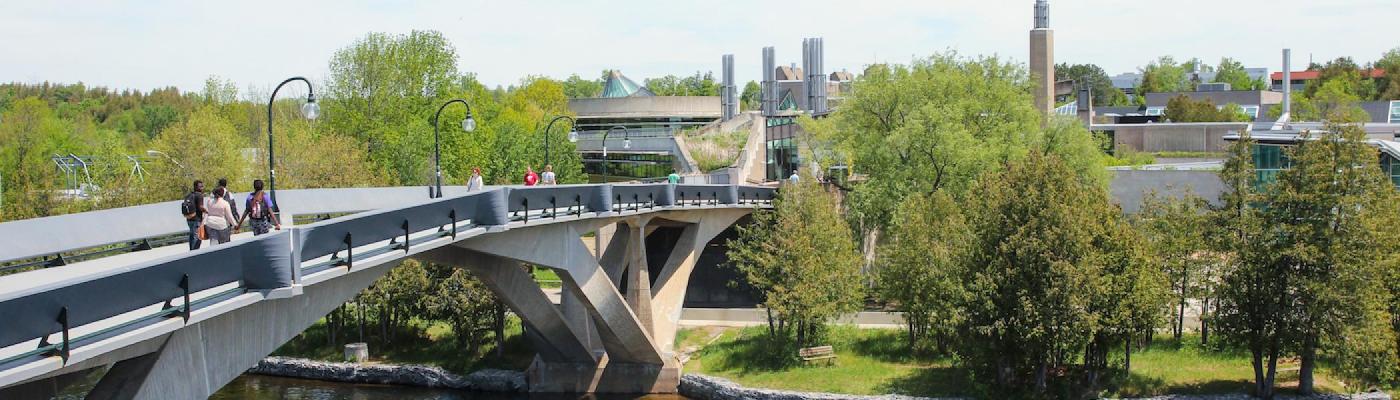 The Faryon bridge at Trent University on a sunny day with students walking across it and green trees around it