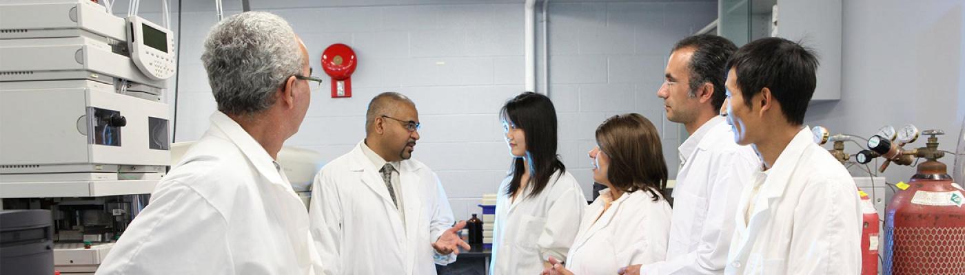 The Biomaterials Research team discussing their work in the lab.