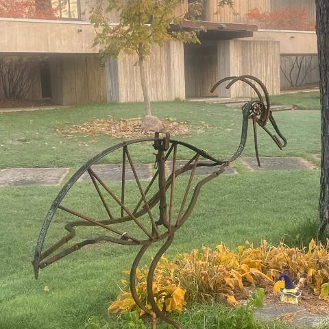 The Chicken Bobber sculpture in the Lady Eaton College quad.