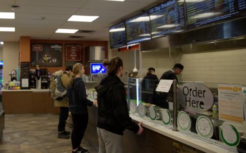 Students getting food in the Otonabee Dining Hall