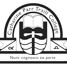 A black and white version of The Catharine Parr Traill College crest. In the centre is the Trent University logo: a sword overlayed by several wavy lines, representing Samuel de Champlain's sword entering the Otonabee River. An open book has been added to the top of this logo. Above the logo is a semi-circular banner that says Catharine Parr Traill College. Another decorative banner is placed below the logo. On the left side of this banner is the alpha symbol, and on the right is the Omega symbol. Below is the College's and University's motto: nunc cognosco ex parte.