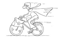 Hand-drawn illustration of a man on a bicycle pedalling fast