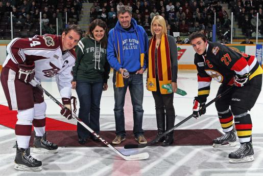 Vice President Julie Davis, Dr. Michael Eamon, head of Lady Eaton College and Dr. Melanie Buddle, head of Gzowski College drop the puck (photo coutresy of the Peterborough Petes)