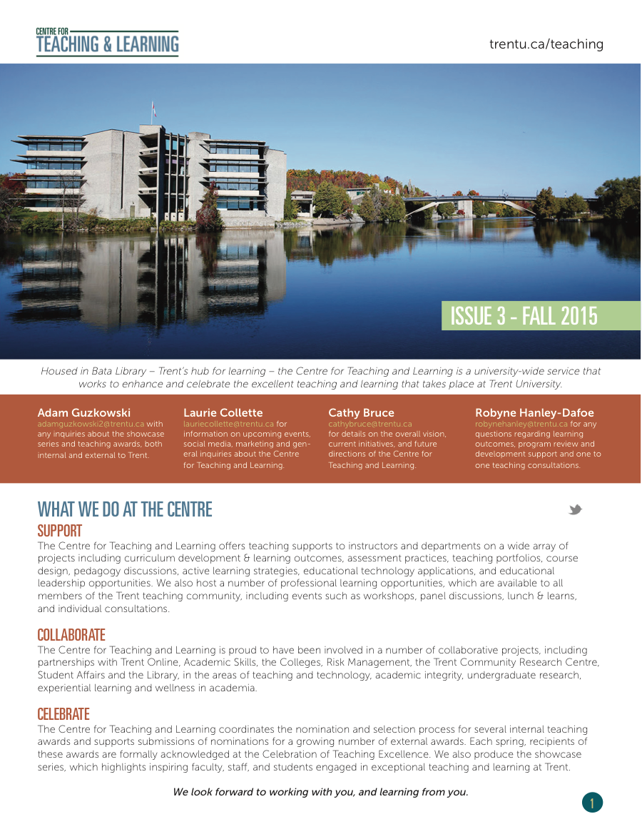 Image of CTL Newsletter for the fall of 2015, image of Bata Library on the Otonabee River