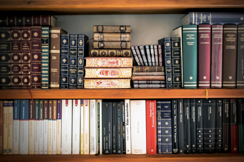A well-organized bookshelf filled with a variety of hardcover books in different styles and colors, including several ornate and classic volumes.