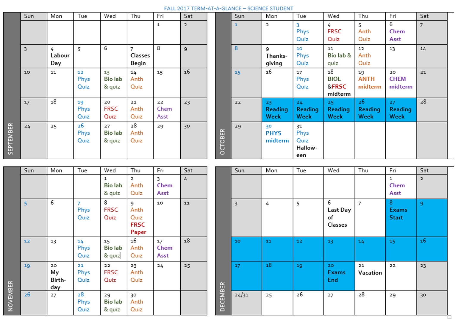 Sample calendar for fall term. Deadlines and test dates labelled and colour-coded. 