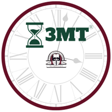 Clock face with Traill logo, hourglass and 3MT title