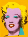 Woman's face depicted in bright colours on orange backdrop.