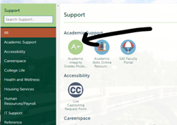 Support section of MyTrent portal with arrow highlighting A+ icon in green circle representing Academic Integrity Module Gradebook download.
