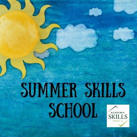 Sun and clouds on blue background. Summer Skills School. 