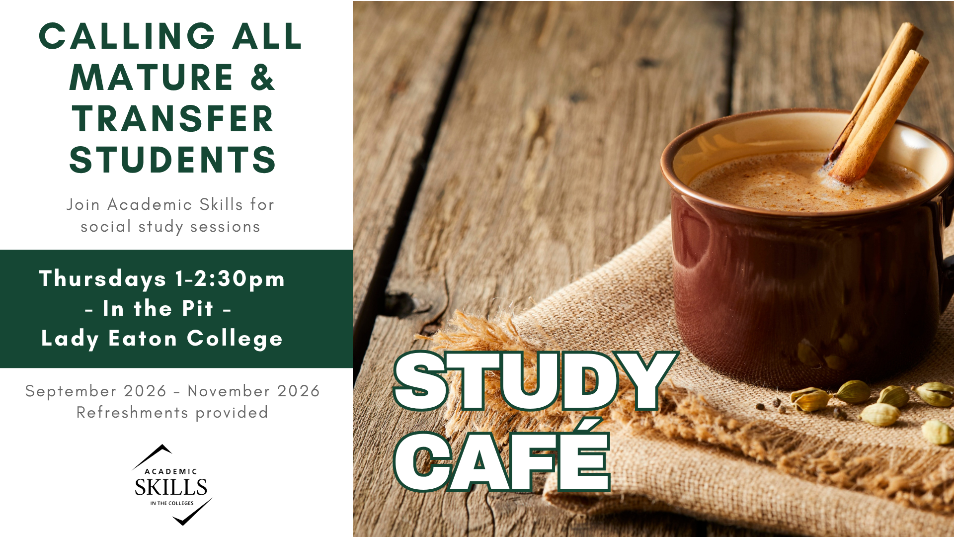 A promo graphic for Study Cafe including information present on this webpage and a photo of coffee in a mug