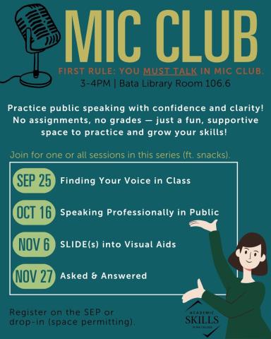 Microphone graphic in top left beside title Mic Club. First Rule: You Must Speak in Mic Club. Cartoon of woman featuring dates and titles for event. All event details included in text below.