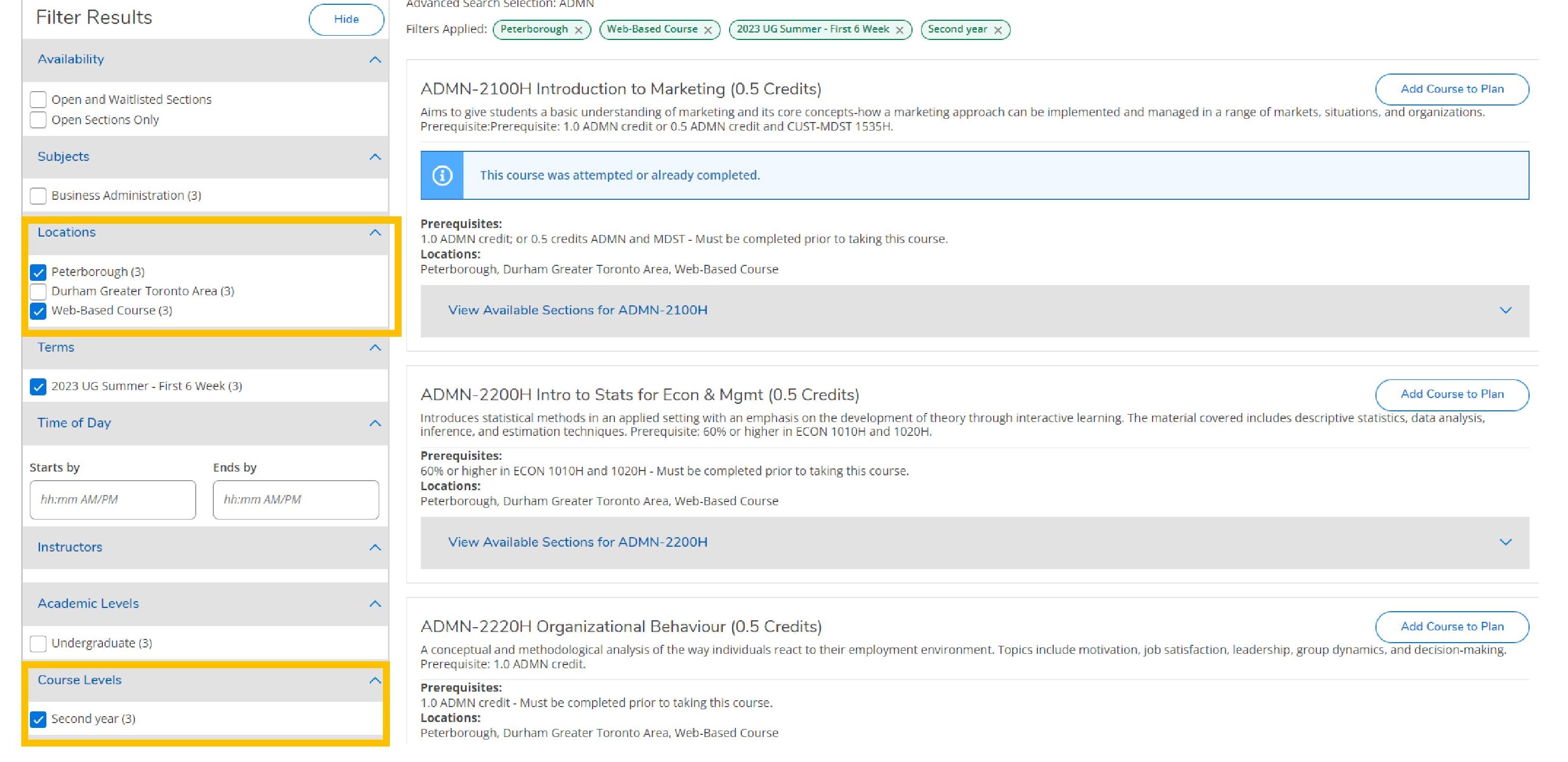 Image of the Course Catalog search feature on Self-Service Student Planning and Registration