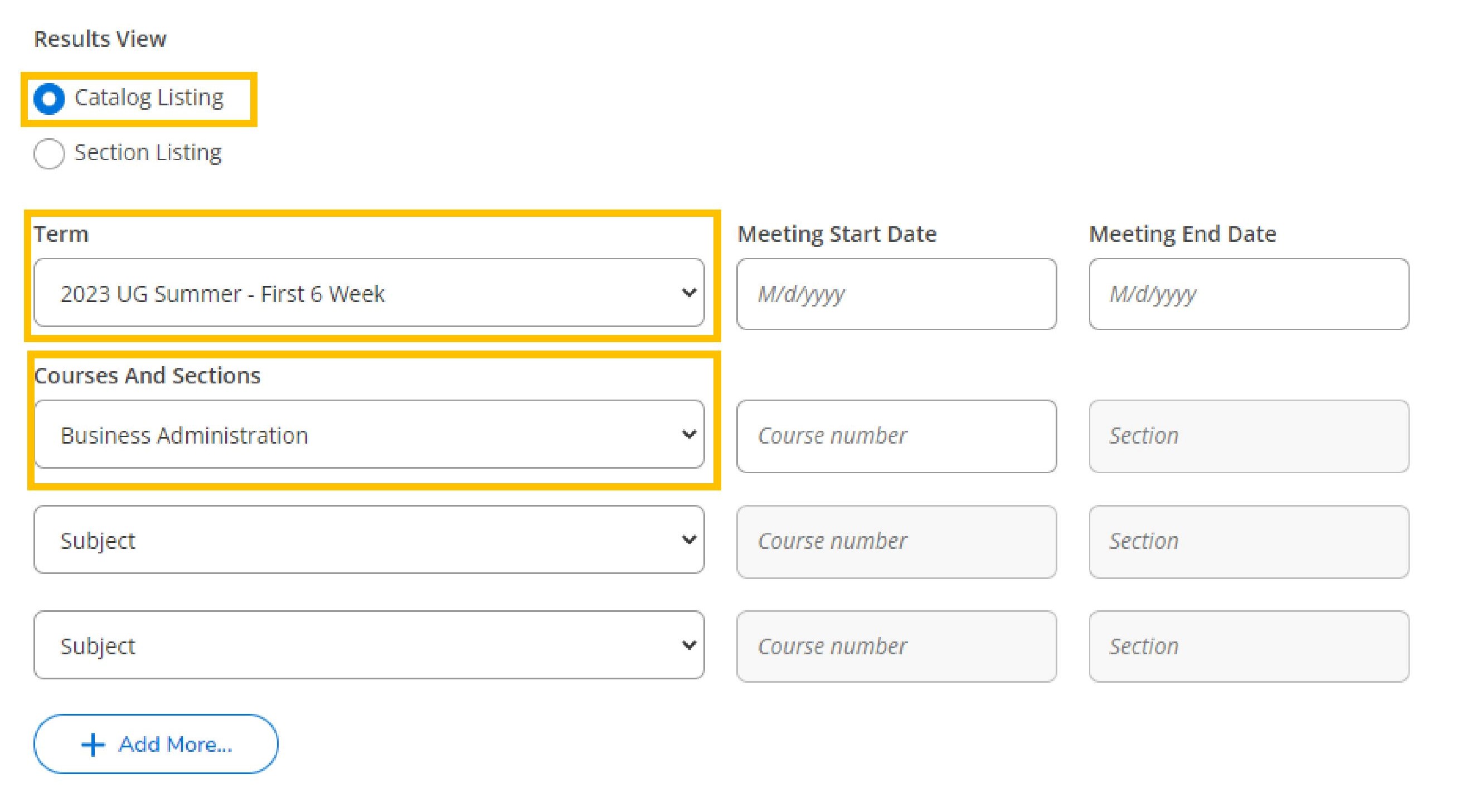 Image of the Course Catalog search feature on Self-Service Student Planning and Registration