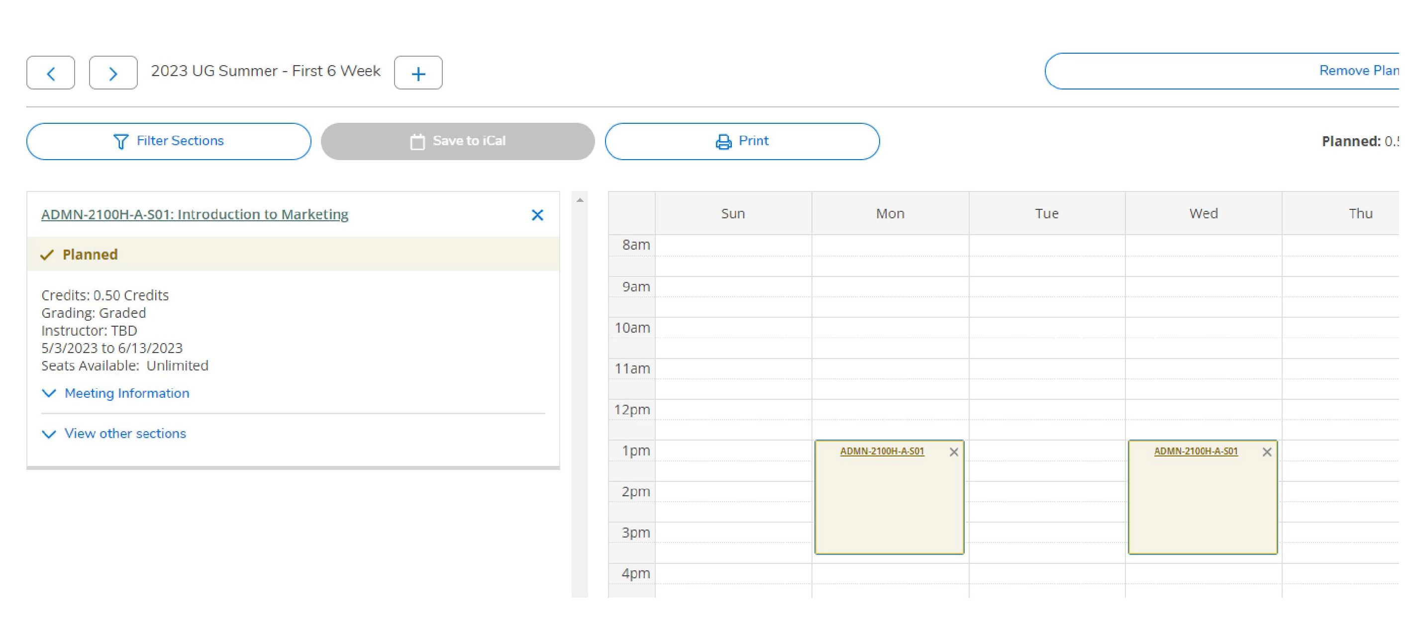 Hit the arrow to the next term for summer to see the course section(s) added. Hit the arrow again to view the next term as well (i.e. S62).