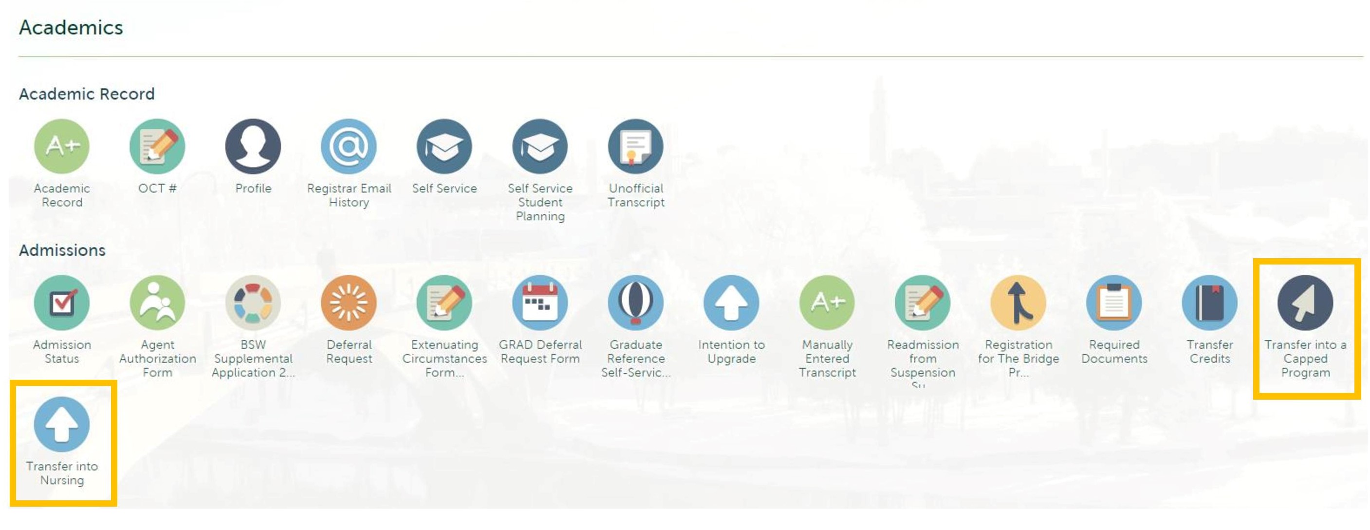 Screenshot of the myTrent Portal icons for the application to Transfer into Capped Programs and Transfer into Nursing