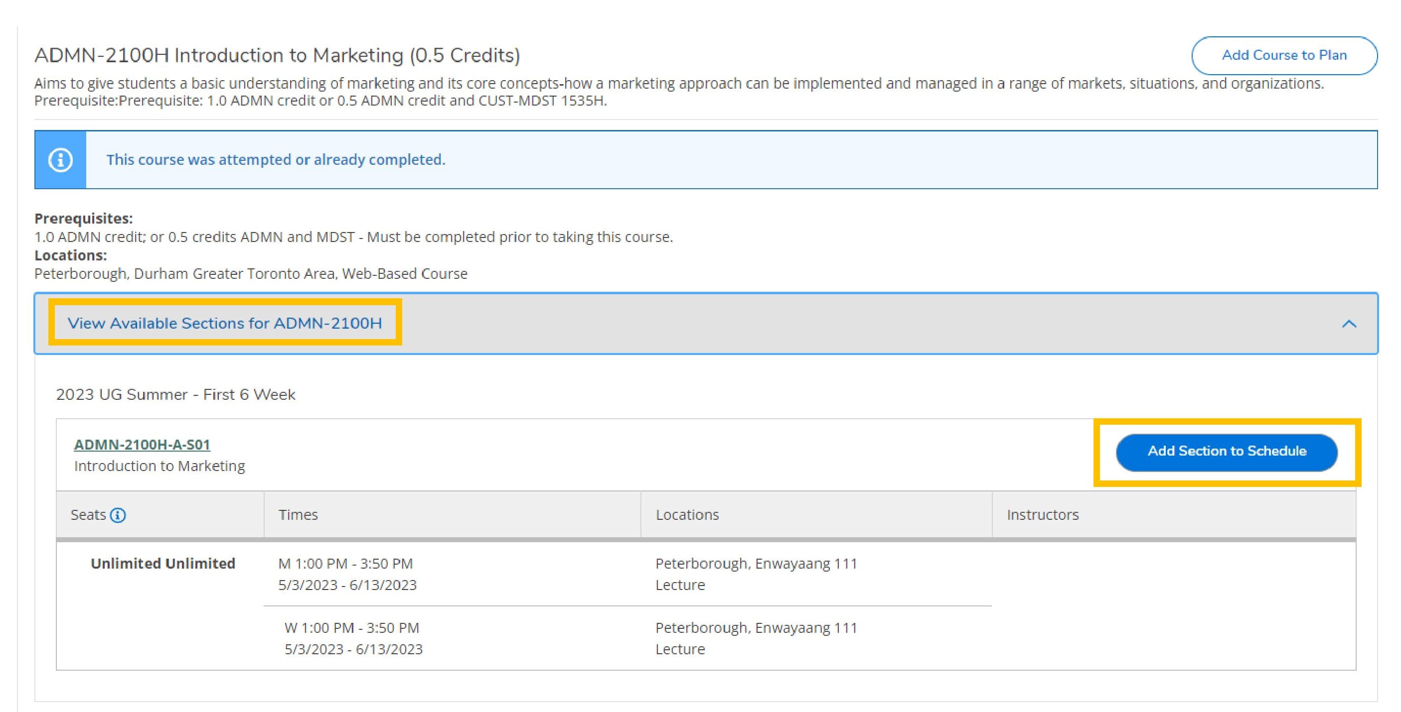 Click on the “view available sections” box under the courses being added. Click on the blue “add section to schedule” button.