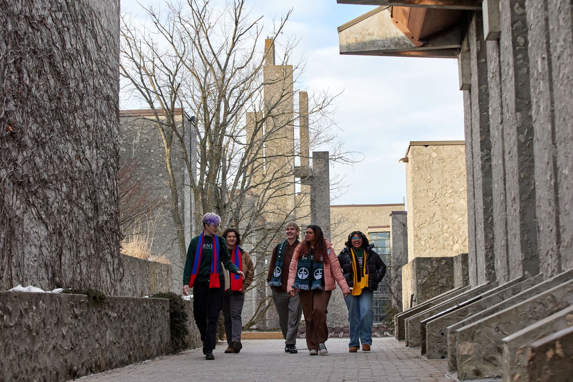 Five students wearing Trent scarves, walking together outside