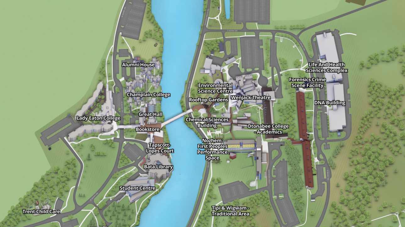 An illustrated map of the Trent Symons campus