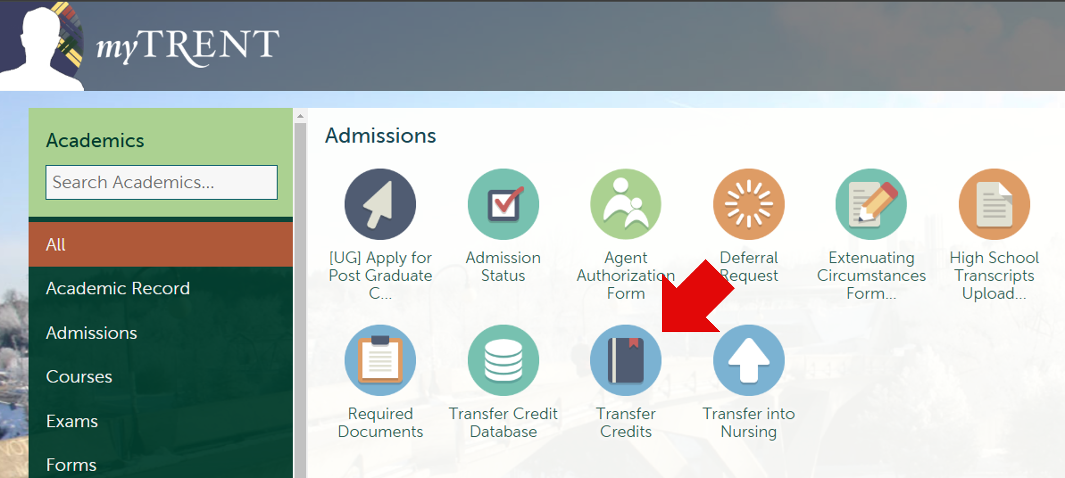 A screenshot of the myTrent portal, showing different icons. A red arrow points to the Transfer Credits icon.