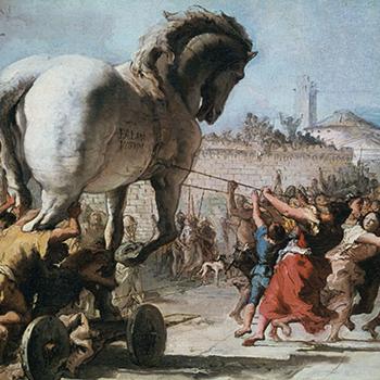 horse being pushed by several people into a crowded area