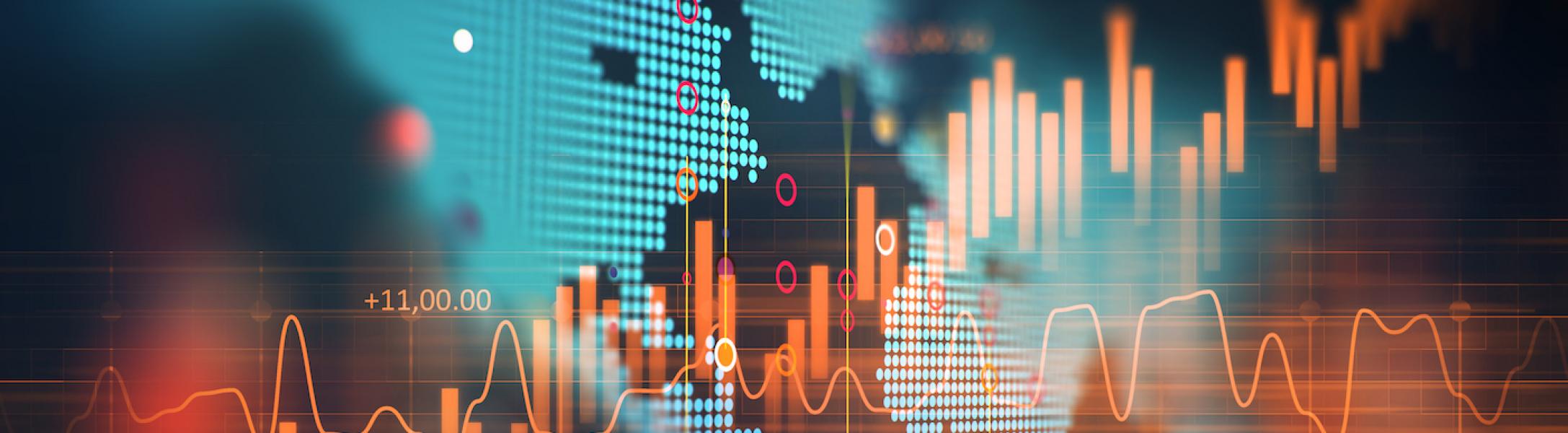 A pixelated world map with a line graph and bar graph overlaid on top