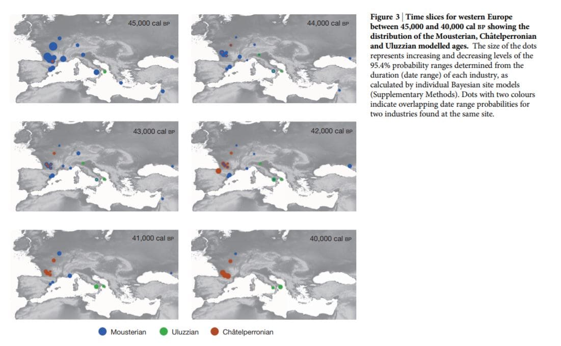 Distribution géographique des sites moustériens et châtelperroniens (Highham et al. 2014)