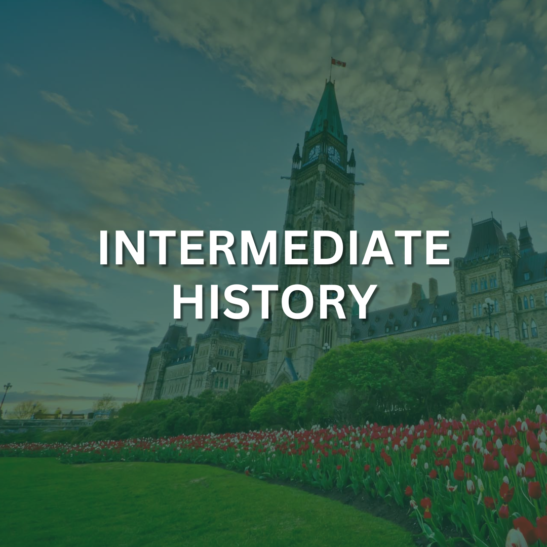 A landscape of the Canadian Parliament Building and a lawn of flowers