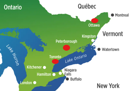 A map of southern Ontario with red circles showing Toronto, Peterborough and Ottawa.