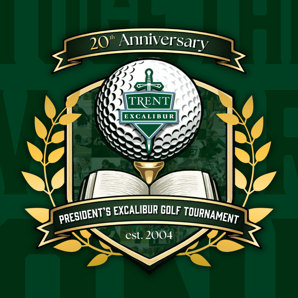 Green background. Logo on top: Banner '20th Anniversary' Golfball on top of a green shield 'Presidents excalibur golf tournament' 'est. 2004'