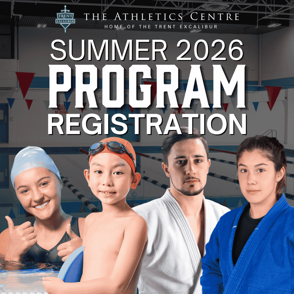 'Summer 2026 Program Registration' Background: wide angle shot of pool. Foreground: Woman in swim cap giving thumbs up. Child in swim cap. Man and woman in judo uniform.