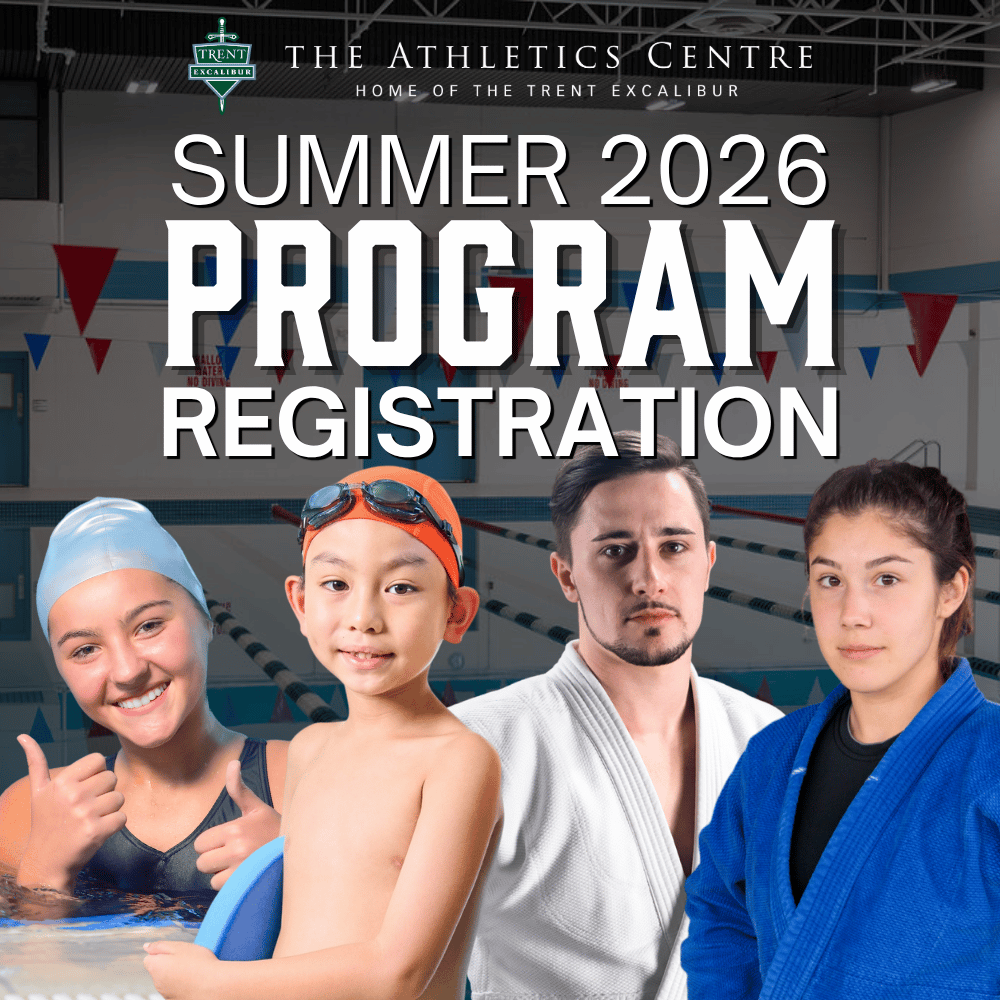 'Summer 2026 Program Registration' Background: wide angle shot of pool. Foreground: Woman in swim cap giving thumbs up. Child in swim cap. Man and woman in judo uniform.