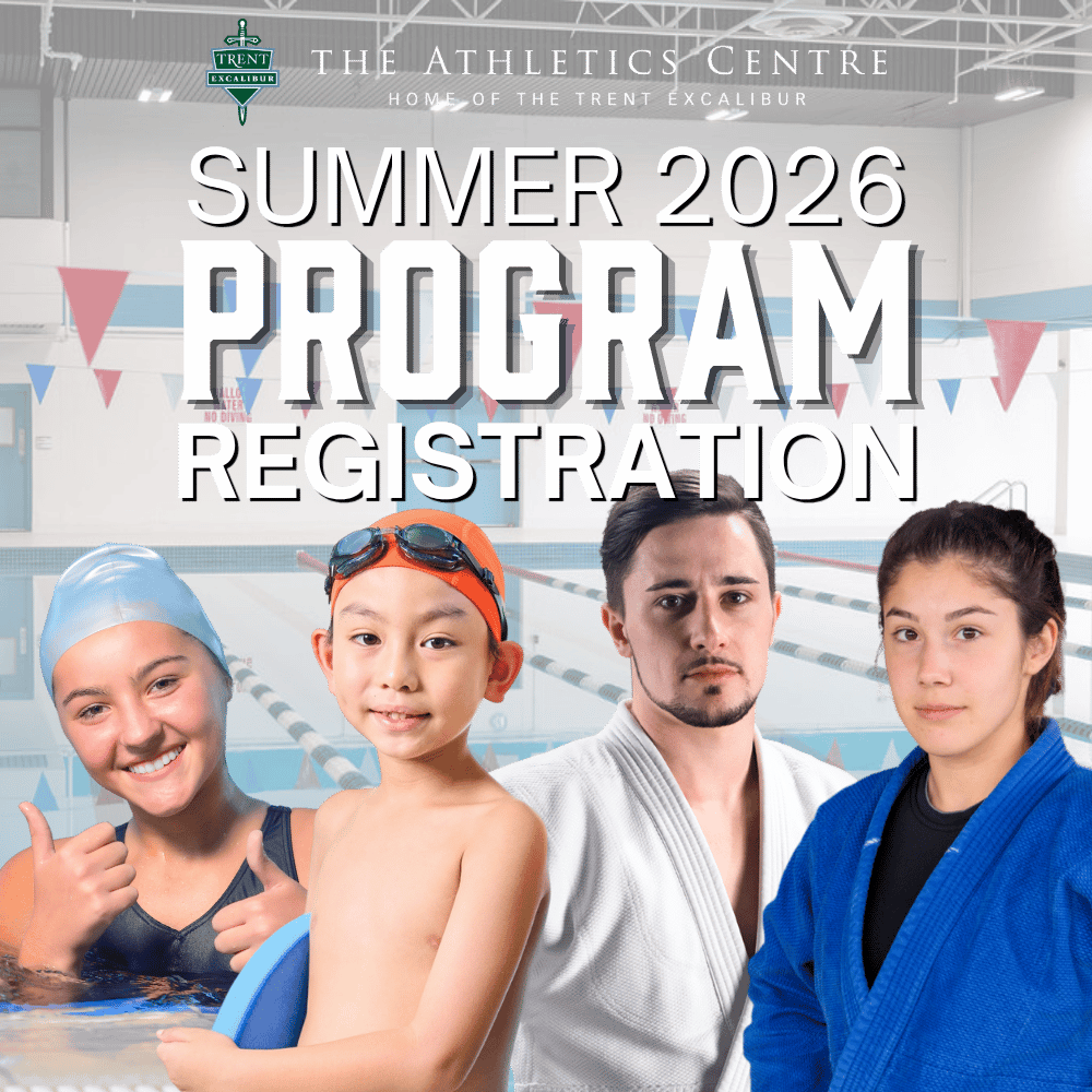'Registered Programs at the Trent Athletics Centre' Background: Wide angle shot of Allan Marshall Pool with white overlay. Front: women giving thumbsup in swim cap. Child in swim cap. Man in white Judo uniform. Young woman in blue judo outfit.
