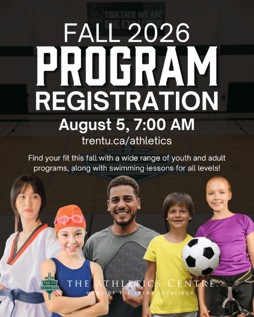 Fall 2026 program registration poster for Trent University Athletics, opening August 5 at 7:00 AM, featuring youth and adult recreation activities including swimming, soccer, climbing, and martial arts.