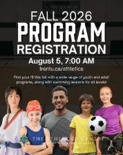 Fall 2026 program registration poster for Trent University Athletics, opening August 5 at 7:00 AM, featuring youth and adult recreation activities including swimming, soccer, climbing, and martial arts.