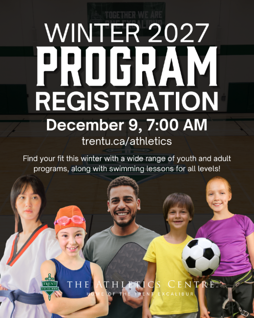 Winter 2027 program registration poster for Trent University Athletics, opening December 9 at 7:00 AM, featuring youth and adult recreation activities including swimming, soccer, climbing, and martial arts.