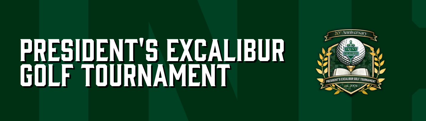 Green Background: 'president's excalibur golf tournament' Golf tournament logo: '20th Anniversary' Gold ball infront of green shield