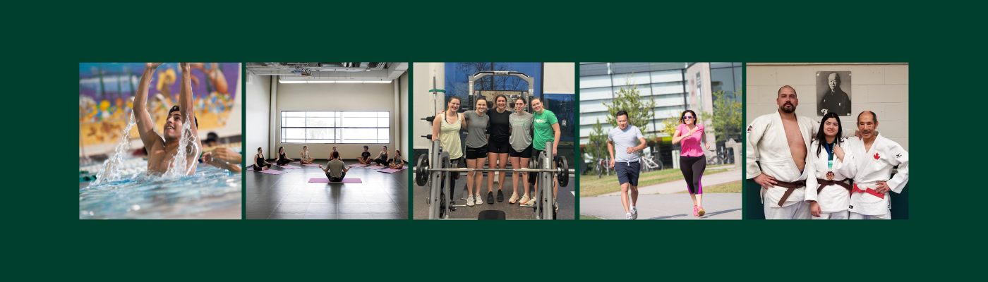 Green background. Five square photos in a line. Photo 1: Teen boy splashes in pool. Photo 2: Wide shot of a yoga class. Photo 3: 5 girls pose for photo behind squat rack in gym. Photo 4: Man and woman outside jogging. Photo 5: Three people in juso uniforms posed for photo.