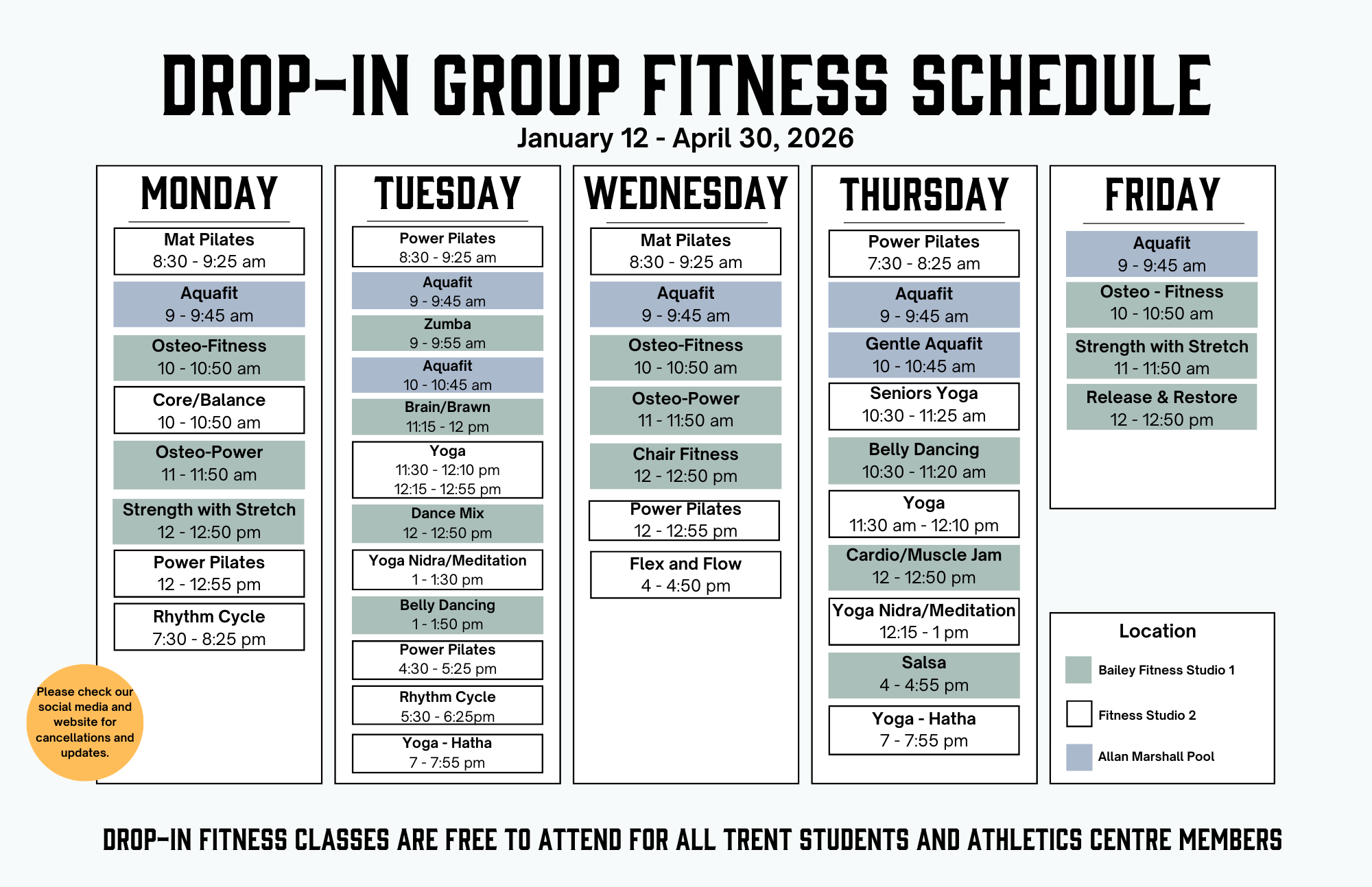 Drop-in group fitness schedule for January 12 - April 30, 2026.