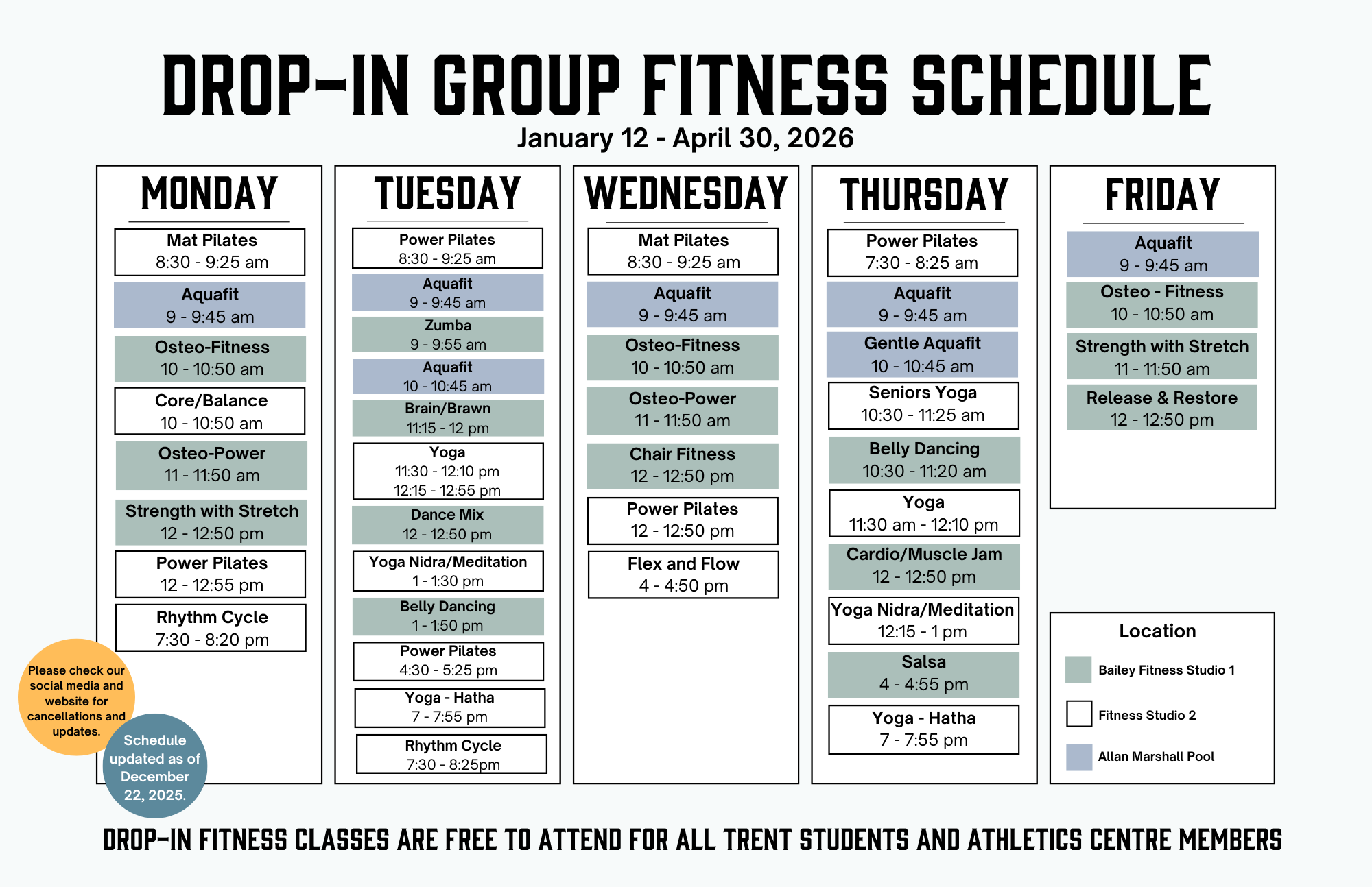 January 12 fitness schedule