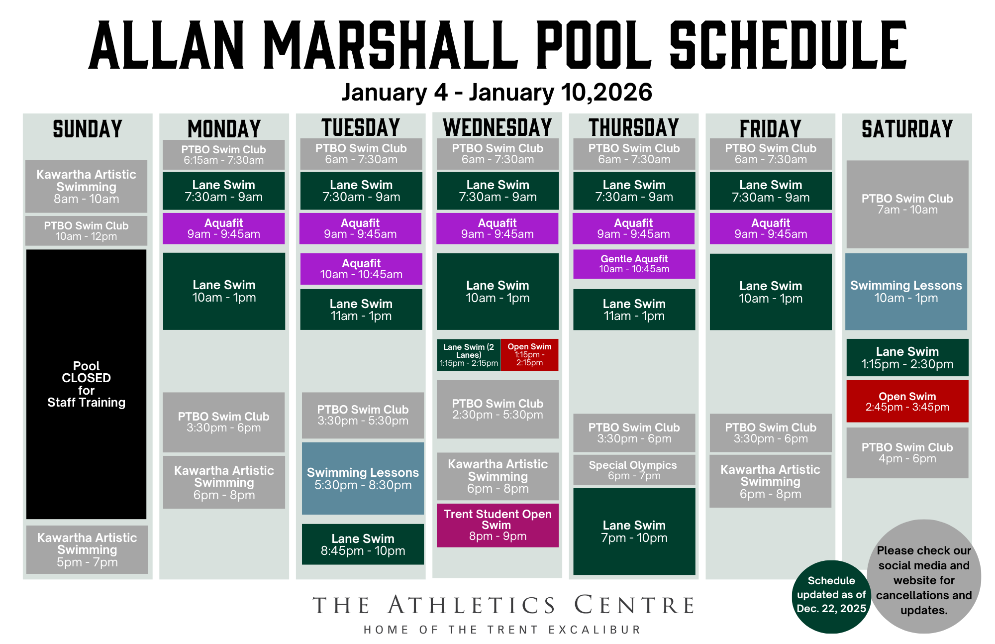 Allan Marshall pool schedule for January 4-10, 2026.