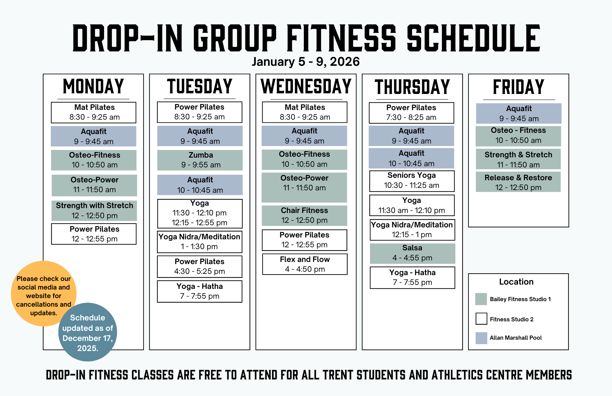 January 5 fitness schedule