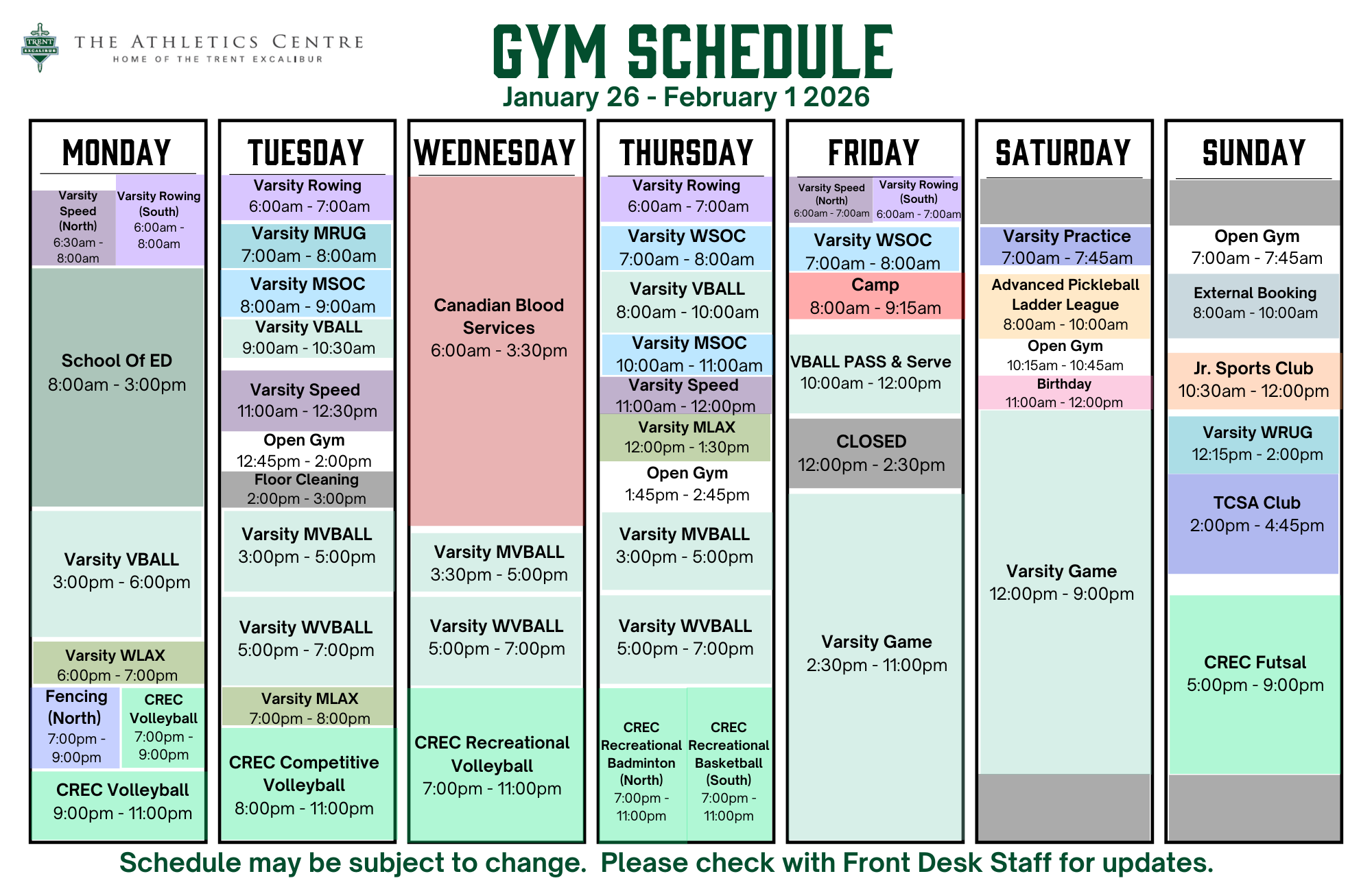 Gym Schedule January 26 - February 1