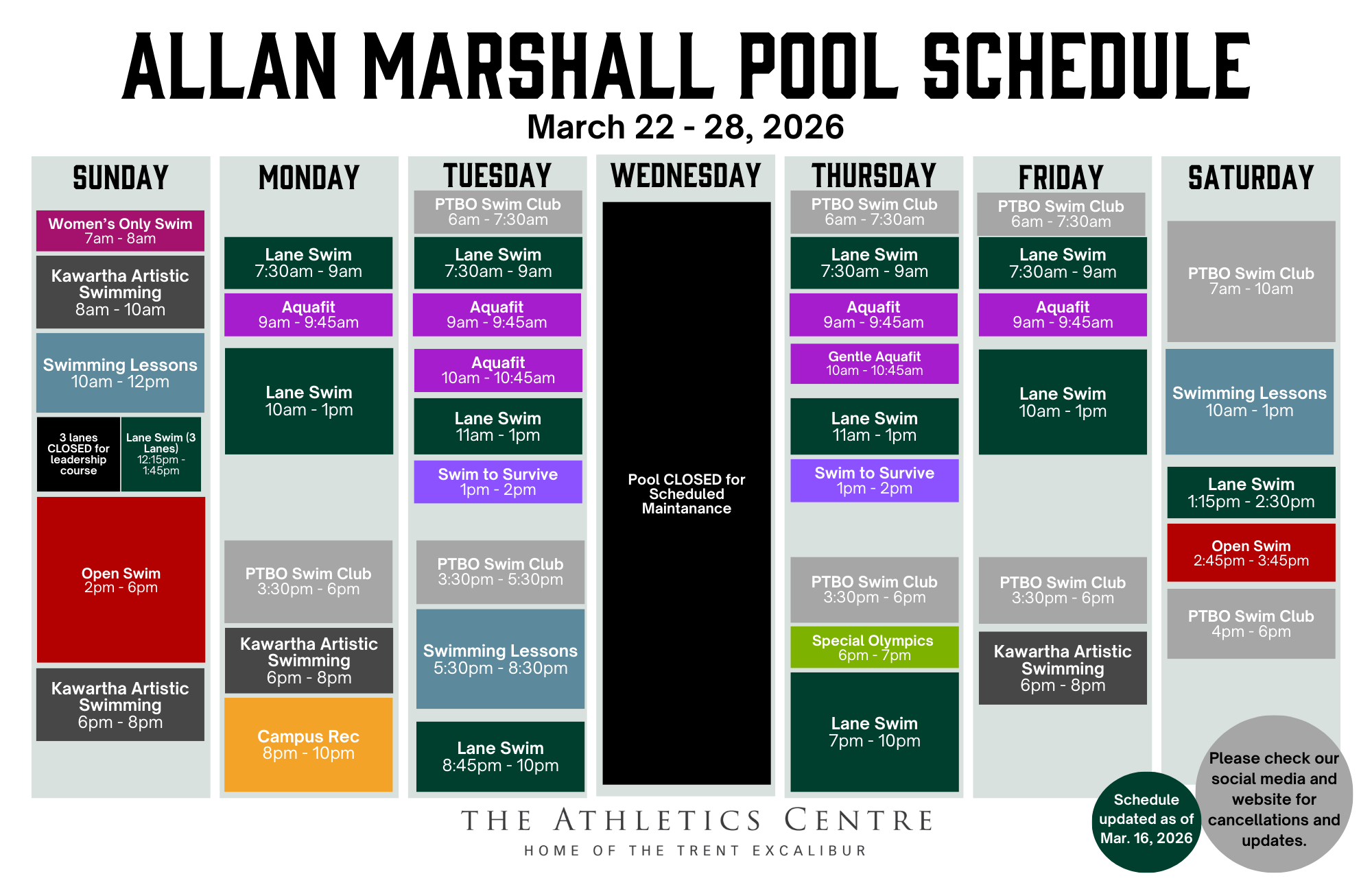 Pool Schedule for March 22 to march 28, 2026