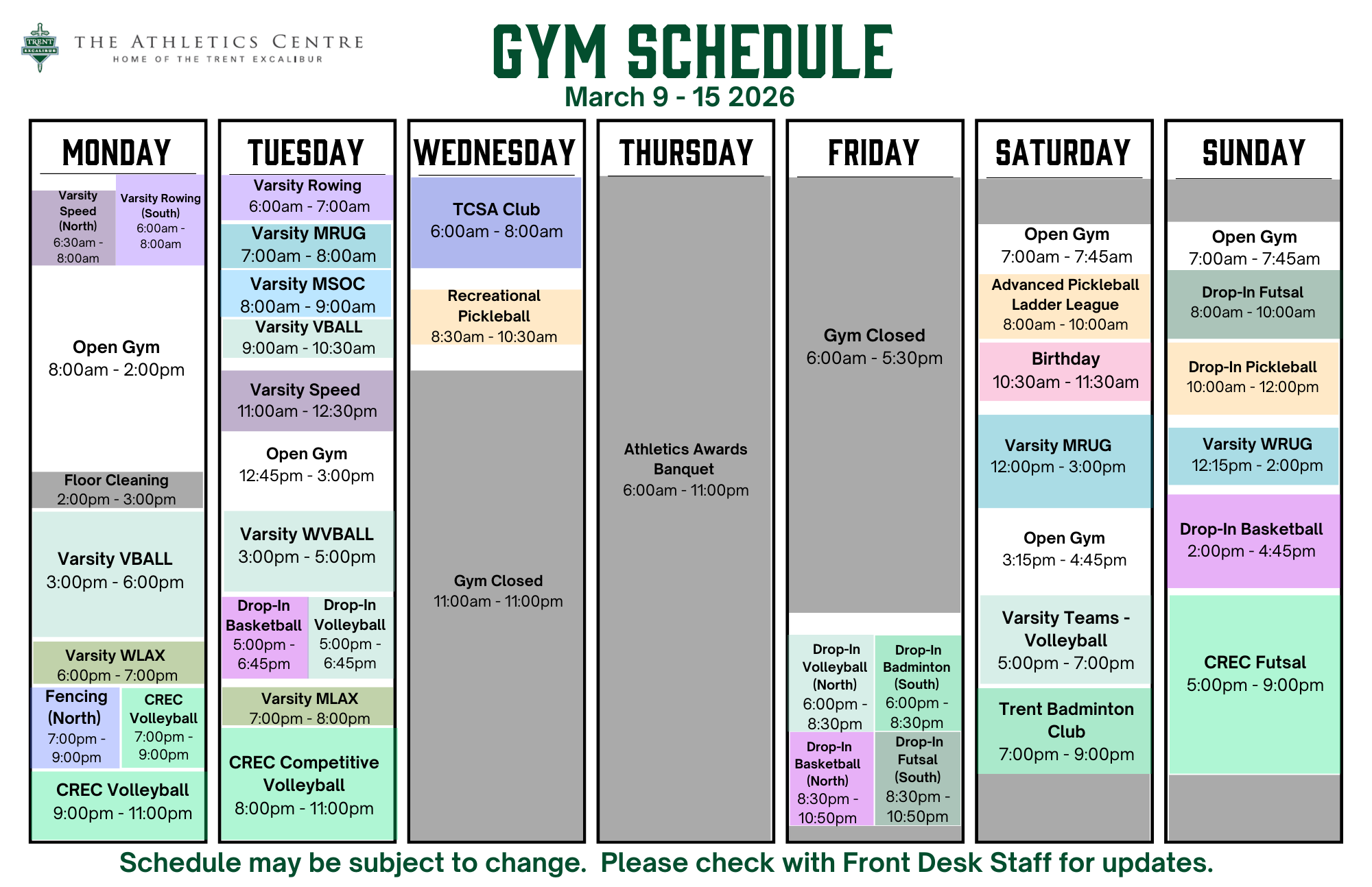 Gym Schedule March 9 - 15