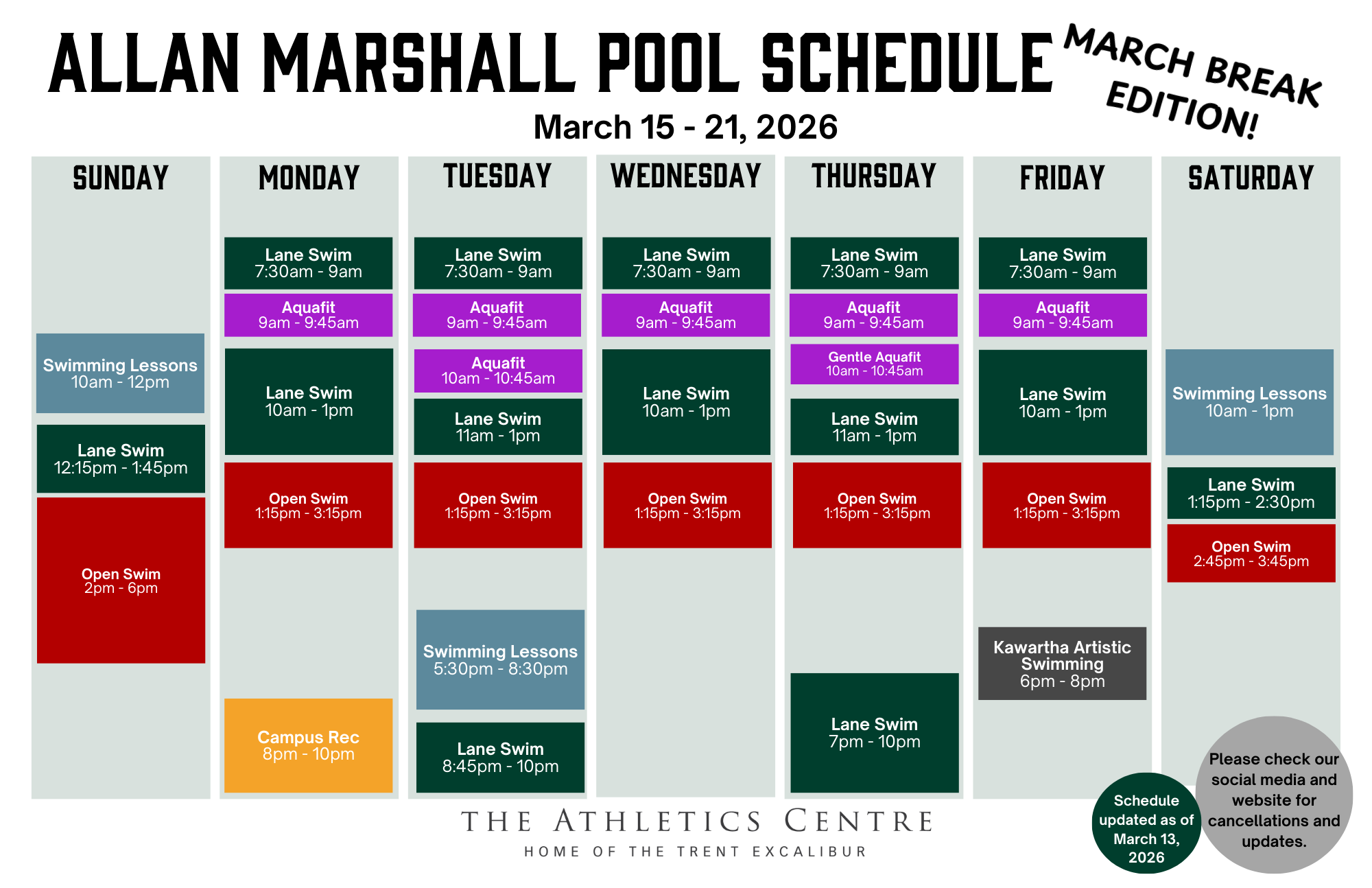 Pool Schedule for March 15 to March 21, 2026