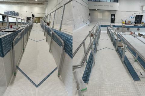 Two views of the new accessible ramp at the Allen Marshall Pool at Trent.