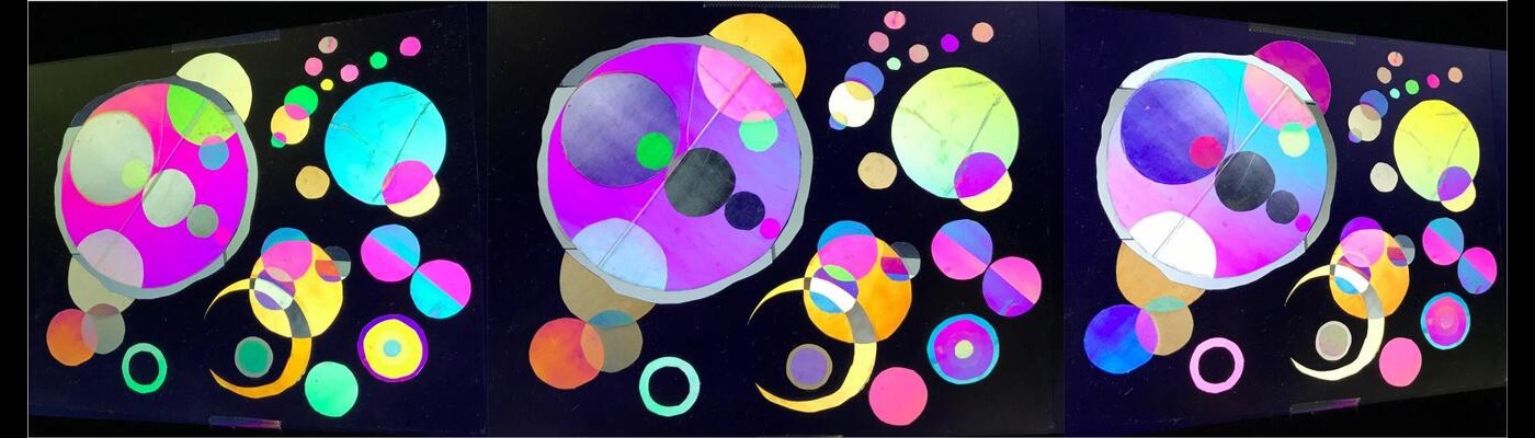 Aaron Slepkov, Several more circles after Kandinsky, May 2020 - colourful circles in a row, various sizes on black background