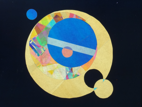 digital image circles in blue, yellow, black - abstract placement - on black background